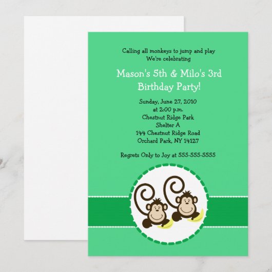 Alberner Affe Trendy 2 Kinder Einladung zum Geburt (Vorne/Hinten)