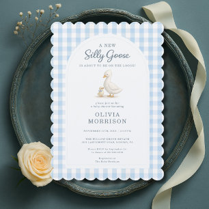 Alberner Gänse-Blau-Gingham-Karo-Baby-Party Einladung