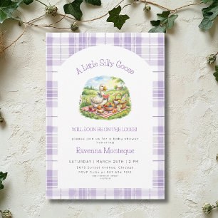 Albernes Gänse-Picknick Lila Gingham-Baby-Party Einladung