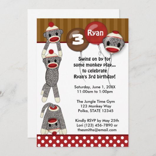 Albernes Mädchen/Junge DER SOCKEN-AFFE Einladung (Vorne/Hinten)