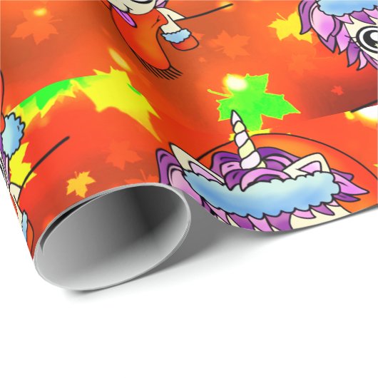 Albernes Santa Unicorn mit Goldenen Herbstblättern Geschenkpapier (Rolleneckpunkt)