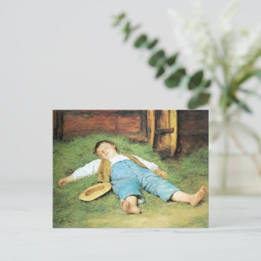 Albert Anker, Schlafender Knabe im Heu Postkarte (Stehend Vorderseite)