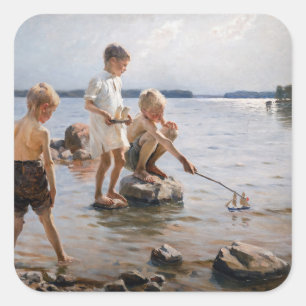 Albert Edelfelt - Jungen spielen am Ufer Quadratischer Aufkleber