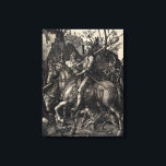 Albrecht Dürer Knight, Death and Devil Leinwanddruck<br><div class="desc">Ein Ritter durchquert eine dunkle Landschaft mit seinem treuen Hund in der Nähe und einem ziegenartigen Teufel und der Personifizierung des Todes,  der auf einem blassen Pferd reitet,  auf dem er zusieht.</div>