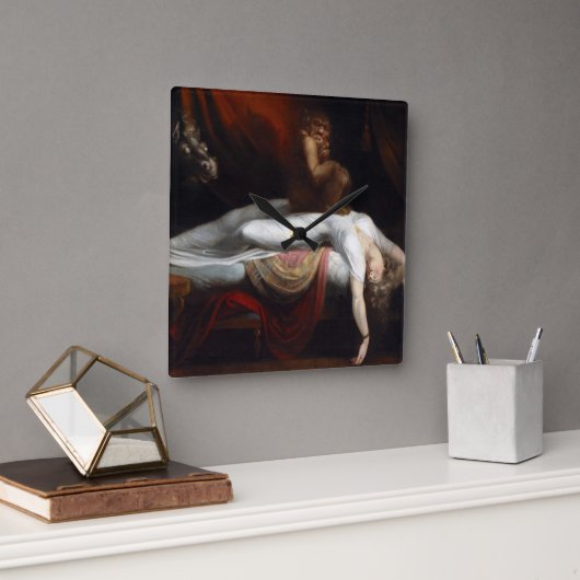 Albtraum von Henry Fuseli Gothic Macabre Dark Art Quadratische Wanduhr (Büro)