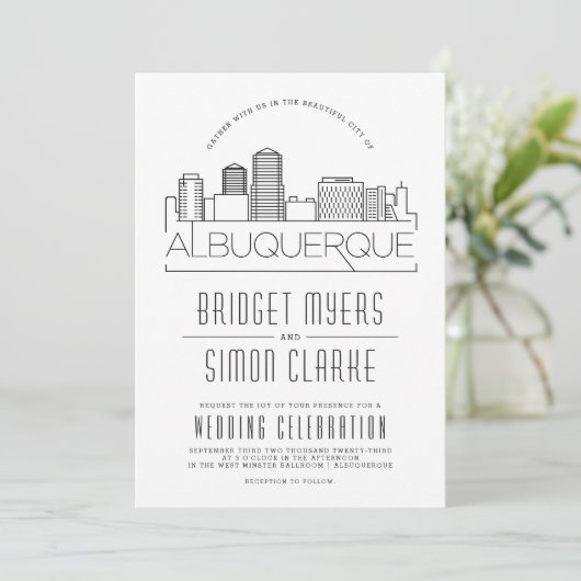 Albuquerque Wedding stylized Skyline Einladung (Stehend Vorderseite)