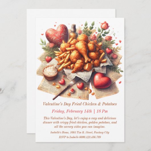 Alentinstag Frittiertes Hühnchen & Kartoffeln Einl Einladung (Vorne/Hinten)