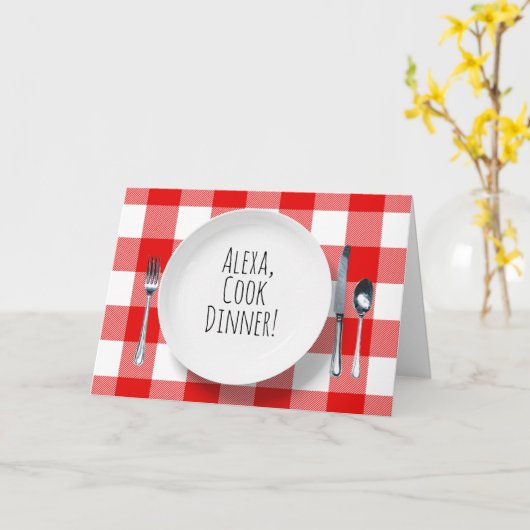 Alexa Command auf weißem Teller zum karierten Gebu Karte (Gelbe Blume)