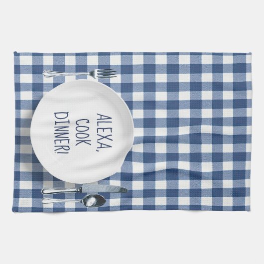Alexa Command On Blue Gingham Geschirrtuch (Horizontal)