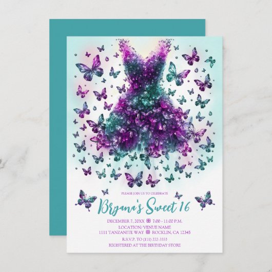 Alexandrite Aquamarin Butterfly Dress June Birthst Einladung (Vorne/Hinten)