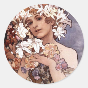 Alfons Mucha: Blume Runder Aufkleber