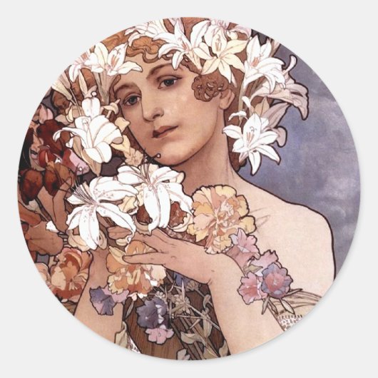 Alfons Mucha: Blume Runder Aufkleber (Vorderseite)