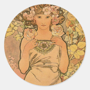 Alfons Mucha ~ Die Rose Runder Aufkleber