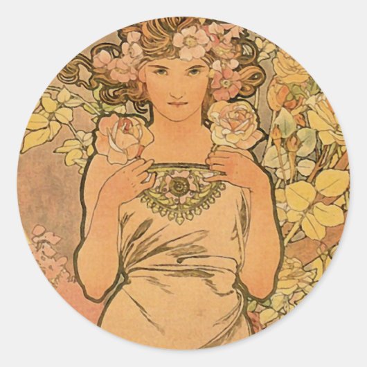 Alfons Mucha ~ Die Rose Runder Aufkleber (Vorderseite)