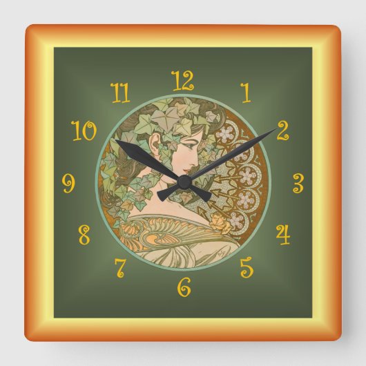 Alfons Mucha ~ Le Lierre 01 ~ Ivy ~ Art Nouveau Quadratische Wanduhr (Vorderseite)