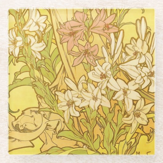 Alfonse Mucha Art Nouveau Lilien Blume Glasuntersetzer (Vorderseite)