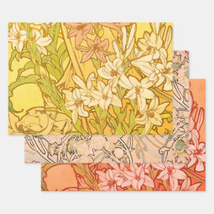 Alfonse Mucha Art Nouveau Lilienblumen Geschenkpapier Set