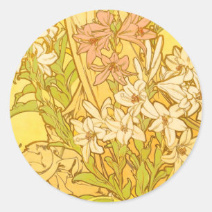 Alfonse Mucha Art Nouveau Lilienblumen Runder Aufkleber