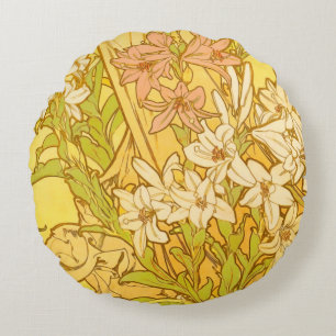 Alfonse Mucha Art Nouveau Lilienblumen Rundes Kissen