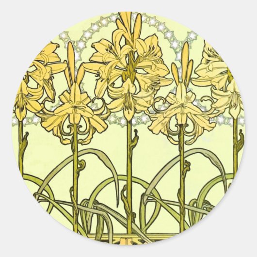 Alfonse Mucha Art Nouveau Lily Floral Pattern Runder Aufkleber (Vorderseite)