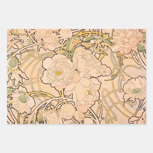 Alfonse Mucha Art Nouveau Peonies Geschenkpapier Set (Vorderseite)