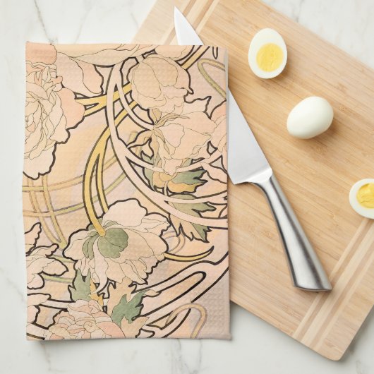 Alfonse Mucha Art Nouveau Peonies Geschirrtuch (Viertel Falte)