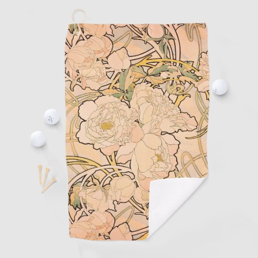 Alfonse Mucha Art Nouveau Peonies Golfhandtuch (Insitu)