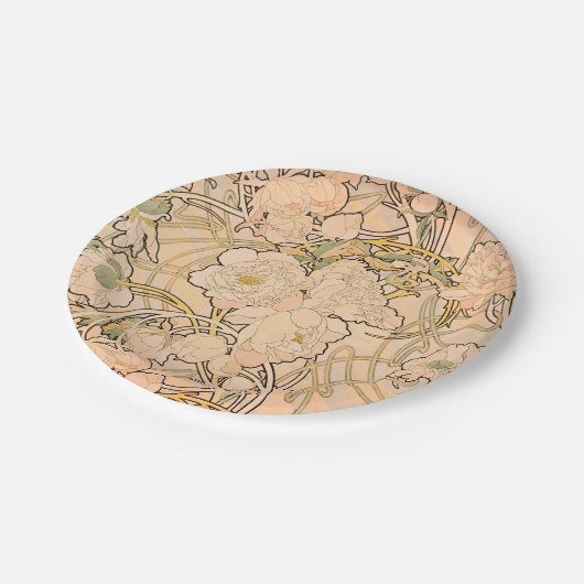 Alfonse Mucha Art Nouveau Peonies Pappteller (Schrägansicht)