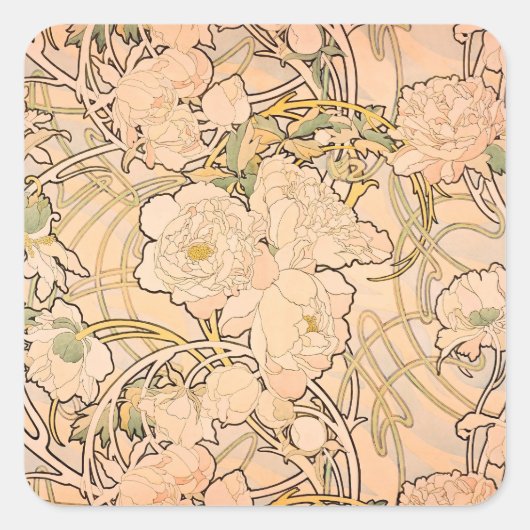 Alfonse Mucha Art Nouveau Peonies Quadratischer Aufkleber (Vorderseite)