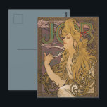 Alfonse Mucha Job Art Nouveau Frau Postkarte<br><div class="desc">Alphonse Muchas Job ist ein Meisterwerk der Jugendstil-Illustration mit den ikonischen flüssigen Linien, den komplizierten Details und den lebendigen Farben, die Muchas Stil definieren. Das Stück wurde als kommerzielle Werbung für eine Zigarettenmarke entworfen und porträtiert eine Frau, elegant mit fließendem Haar gestellt und von wirbelnden, dekorativen Elementen umgeben. Die Figur...</div>