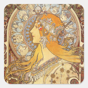 Alfonse Mucha Zodiac Art Nouveau Frau Quadratischer Aufkleber