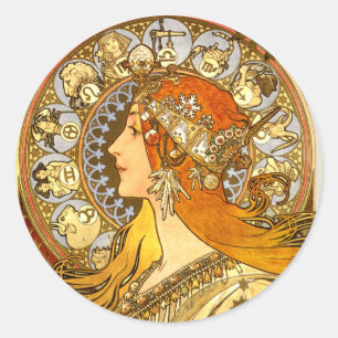 Alfonse Mucha Zodiac Art Nouveau Frau Runder Aufkleber