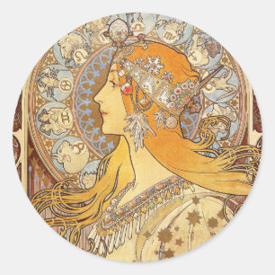 Alfonse Mucha Zodiac Art Nouveau Frau Runder Aufkleber