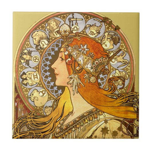 Alfonse Mucha Zodiac Art Nouveau Woman Fliese (Vorderseite)