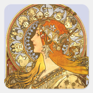 Alfonse Mucha Zodiac Art Nouveau Woman Quadratischer Aufkleber