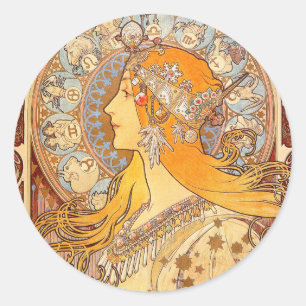 Alfonse Mucha Zodiac Art Nouveau Woman Runder Aufkleber