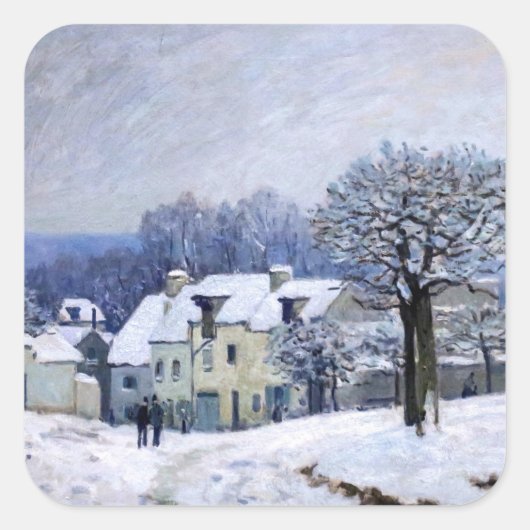 Alfred Sisley - Place Chenil in Marly, Schneeeffek Quadratischer Aufkleber (Vorderseite)