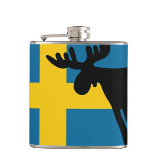 Älg / Moose med Svenska flaggan Flachmann