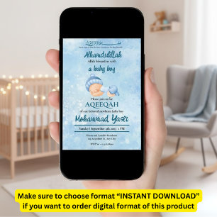 Alhamdulillah Blue aqeeqah muslime Baby Einladung