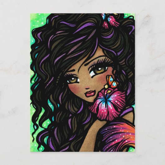 "Aliah" Hibiskus Mermaid Fantasy Art Postcard Postkarte (Vorderseite)