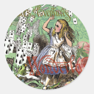 alice abenteuer karten wunderland verrückter hutma runder aufkleber