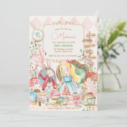 Alice Adventure in Woderland Baby Shower Tee Party Einladung (Stehend Vorderseite)