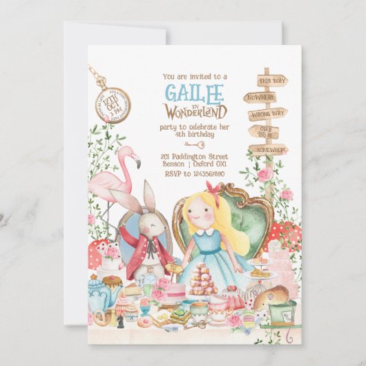 Alice Adventures in Woderland Birthday Tee Party Einladung (Vorderseite)