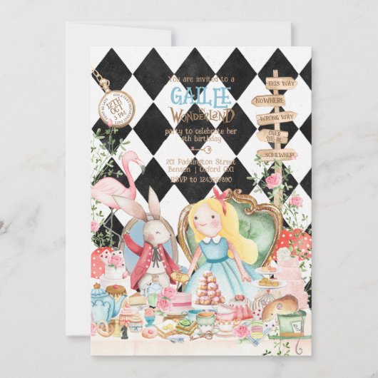 Alice Adventures in Woderland Birthday Tee Party Einladung (Vorderseite)