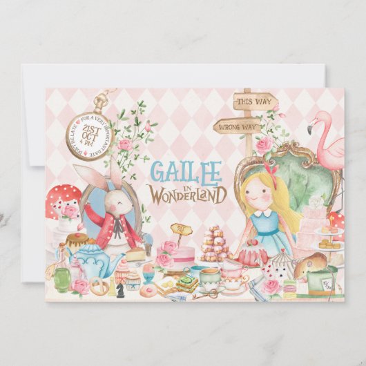 Alice Adventures in Woderland Birthday Tee Party Einladung (Rückseite)