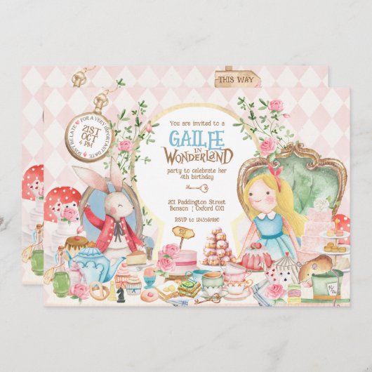 Alice Adventures in Woderland Birthday Tee Party Einladung (Vorne/Hinten)