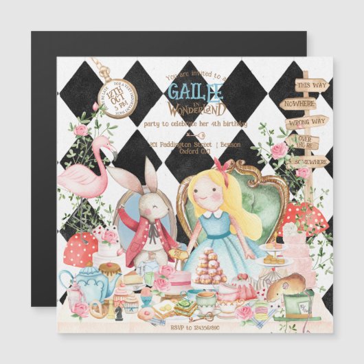 Alice Adventures in Woderland Birthday Tee Party Magneteinladung (Vorne/Hinten)