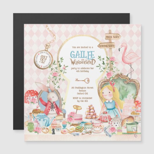 Alice Adventures in Woderland Birthday Tee Party Magneteinladung (Vorne/Hinten)