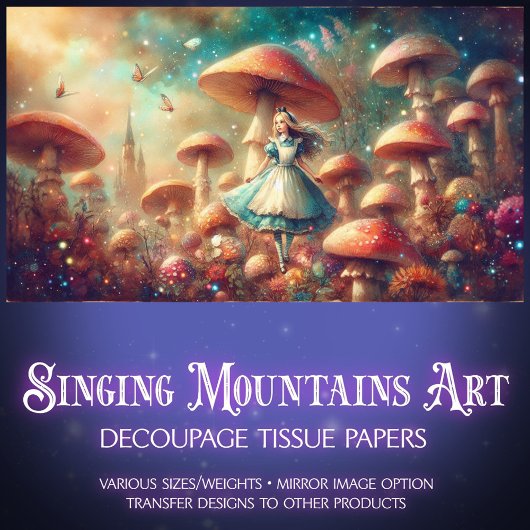 Alice and Whimsical Mushrooms Wonderland Decoupage Seidenpapier