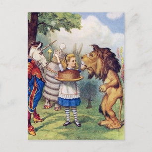 Alice bietet dem Löwen und dem Einhorn Kuchen an Postkarte